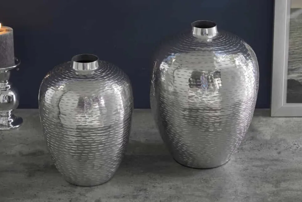 Elegantes Vasen 2er Set ORIENTAL 32cm silber im Rice Hammerschlag Design