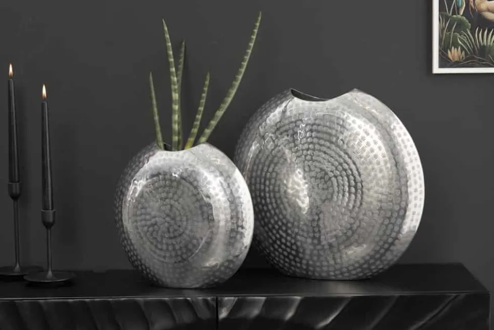 Elegantes Vasen 2er Set ORIENTAL 44cm silber im Grid Hammerschlag Design