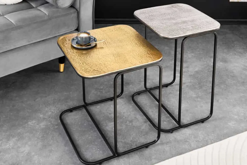 2er Set Beistelltisch ABSTRACT 55cm gold silber schwarz Metall handmade