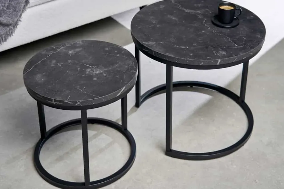 2er Set Beistelltisch ELEGANCE 45cm schwarz Marmor-Design Metallgestell rund