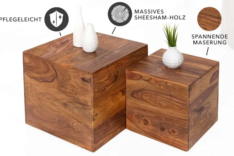 2er Set Beistelltische Würfel MAKASSAR 40cm braun Sheesham Massivholz stone finish