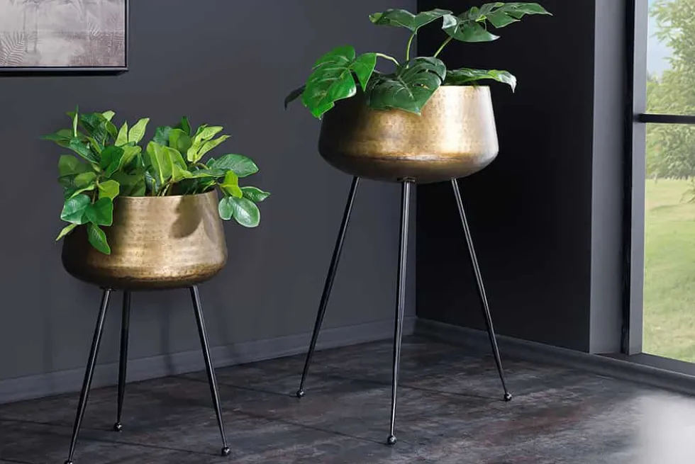 2er Set Blumentopf FLOWERS 65cm messing gold schwarz Hammerschlag-Design