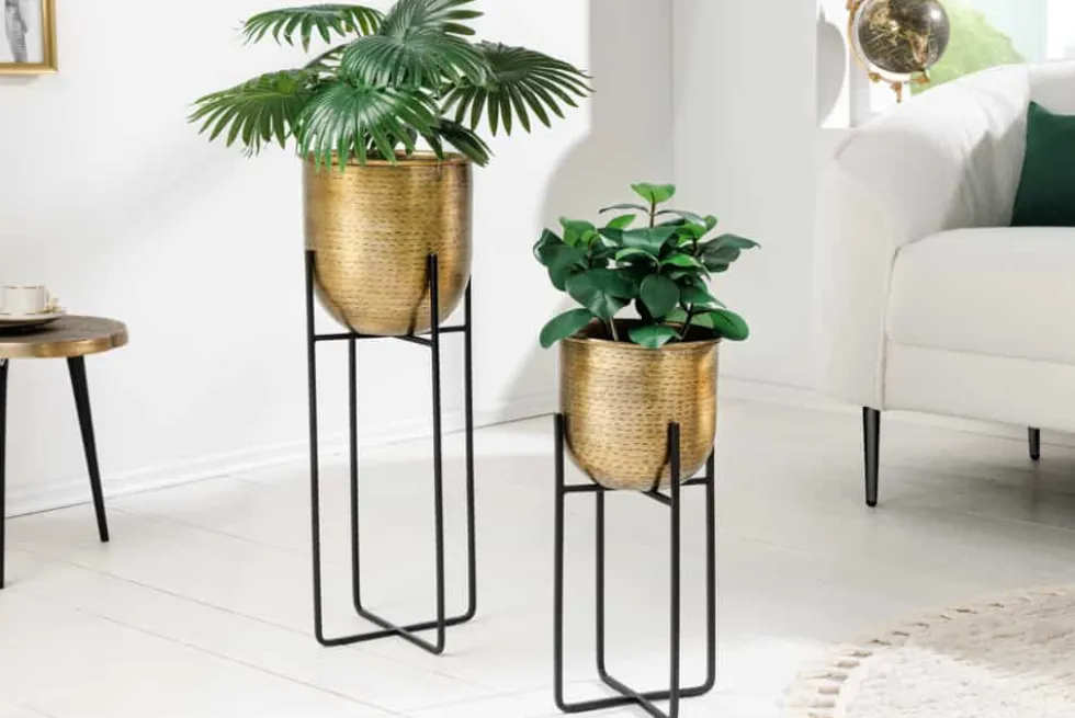 2er Set Blumentopf UNIT 70/50cm gold schwarz Metall Hammerschlag Design