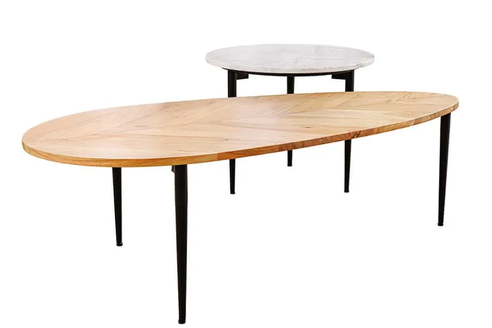 2er Set Couchtische ADLON 110cm natur weiß Akazienholz Marmor schwarz Metall