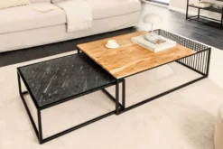 2er Set Couchtische ARCHITECTURE 90cm natur Akazienholz schwarz Steinfurnier Metall