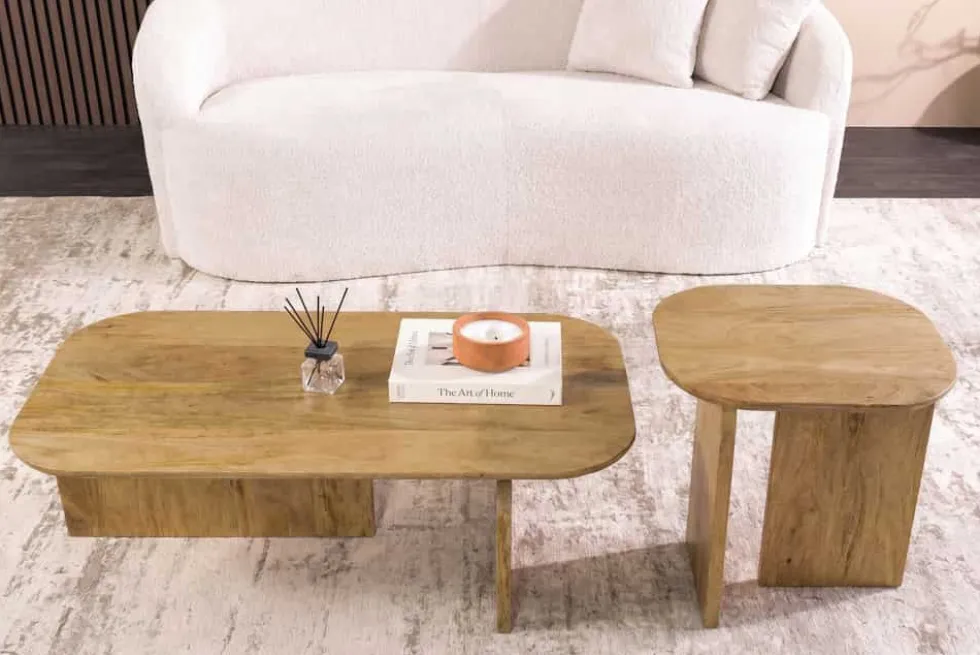 2er Set Couchtische GATSBY 100cm braun Mangoholz organische Form Beistelltisch