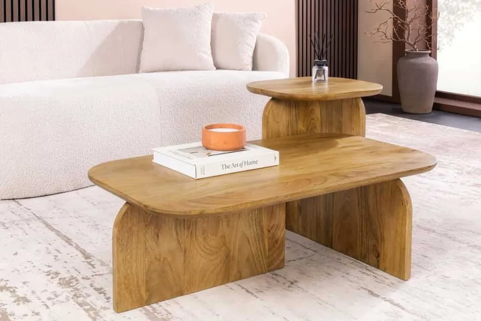 2er Set Couchtische GATSBY 100cm braun Mangoholz organische Form Beistelltisch
