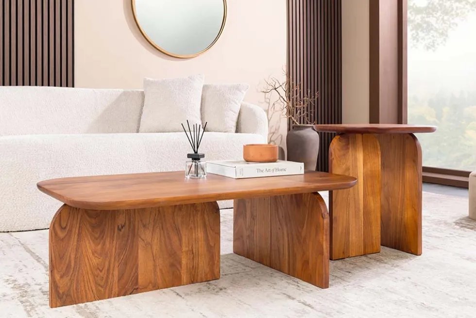 2er Set Couchtische GATSBY 100cm braun Akazienholz organische Form Beistelltisch