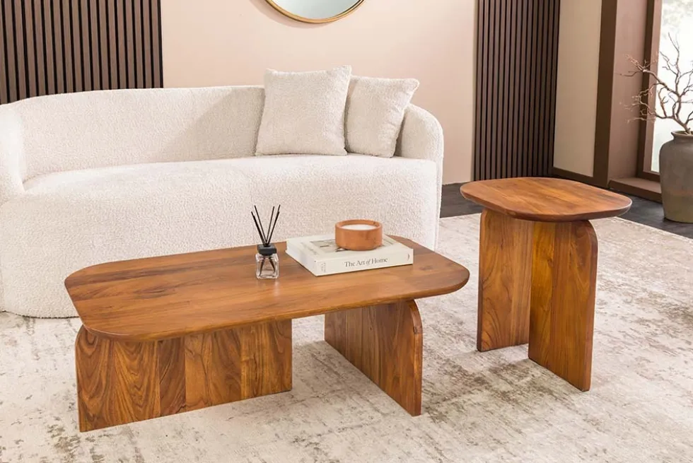 2er Set Couchtische GATSBY 100cm braun Akazienholz organische Form Beistelltisch