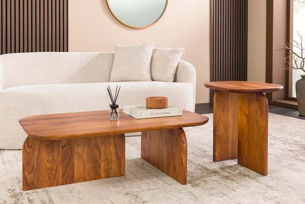 2er Set Couchtische GATSBY 100cm braun Akazienholz organische Form Beistelltisch