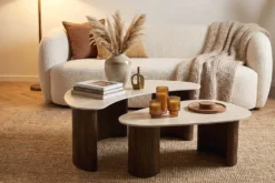 2er Set Couchtische OSAKA 120cm champagner greige Travertin Keramik Walnuss
