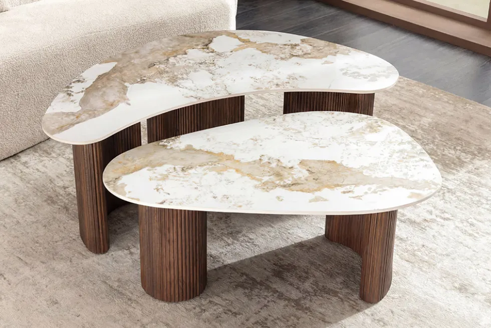 2er Set Couchtische OSAKA 120cm weiß Pandora Keramik Walnuss