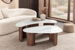 2er Set Couchtische OSAKA 120cm weiß Marmor Keramik Walnuss