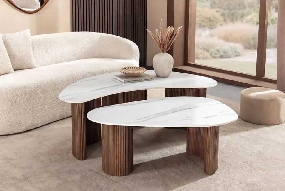 2er Set Couchtische OSAKA 120cm weiß Marmor Keramik Walnuss