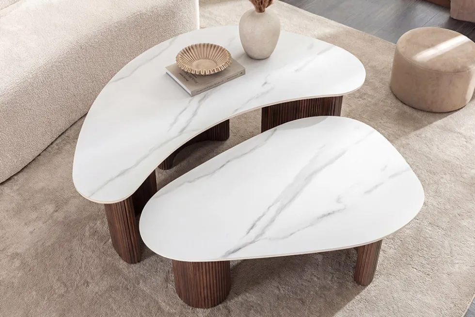 2er Set Couchtische OSAKA 120cm weiß Marmor Keramik Walnuss