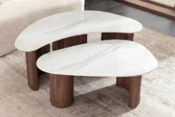 2er Set Couchtische OSAKA 120cm weiß Marmor Keramik Walnuss