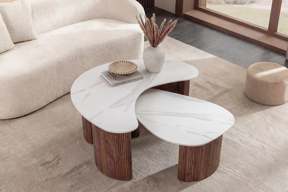 2er Set Couchtische OSAKA 120cm weiß Marmor Keramik Walnuss