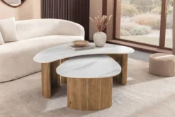 2er Set Couchtische OSAKA 120cm weiß Marmor Keramik natur Eiche