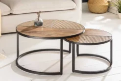 2er Set Couchtisch VIENNA LOUNGE 70cm rund Mangoholz massiv Wiener Geflecht Metall schwarz