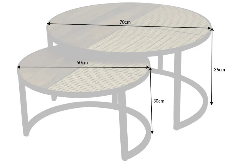 2er Set Couchtisch VIENNA LOUNGE 70cm rund Mangoholz massiv Wiener Geflecht Metall schwarz