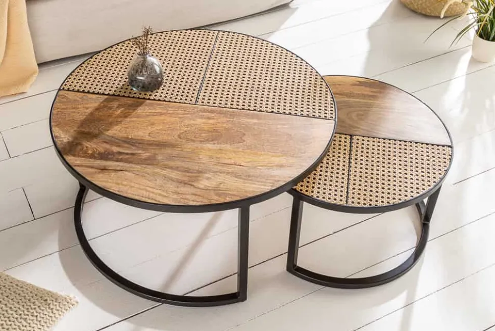 2er Set Couchtisch VIENNA LOUNGE 70cm rund Mangoholz massiv Wiener Geflecht Metall schwarz