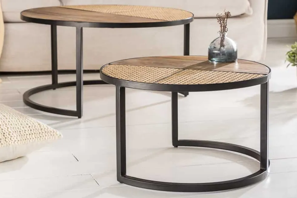 2er Set Couchtisch VIENNA LOUNGE 70cm rund Mangoholz massiv Wiener Geflecht Metall schwarz