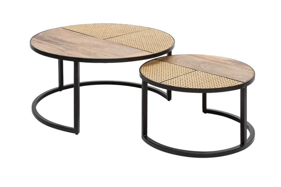 2er Set Couchtisch VIENNA LOUNGE 70cm rund Mangoholz massiv Wiener Geflecht Metall schwarz