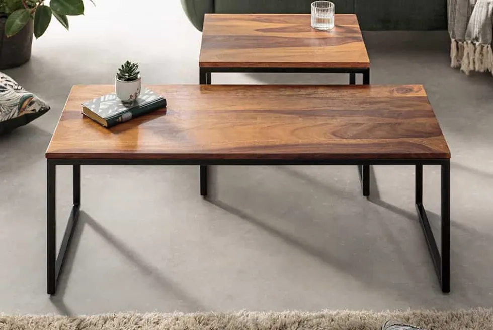2er Set Design Couchtisch ELEMENTS 100cm Sheesham Massivholz stone finish Metallgestell