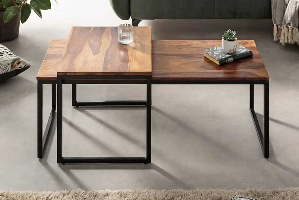 2er Set Design Couchtisch ELEMENTS 100cm Sheesham Massivholz stone finish Metallgestell