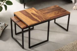 2er Set Design Couchtisch ELEMENTS 100cm Sheesham Massivholz stone finish Metallgestell