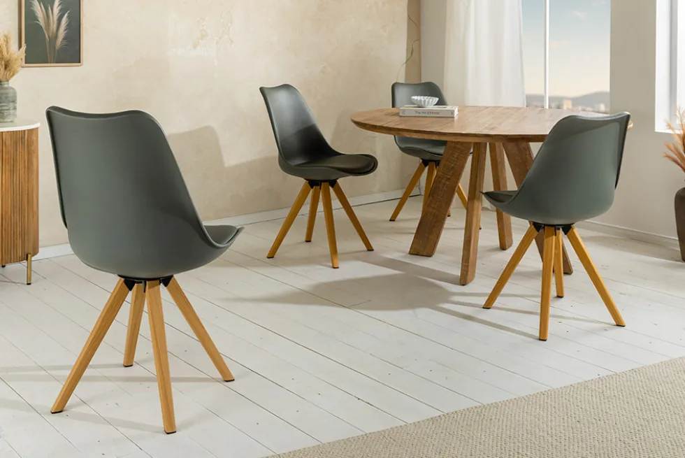 2er Set Design Stuhl SCANDINAVIA MEISTERSTÜCK grau Kunstleder natur Metall Eichen-Optik
