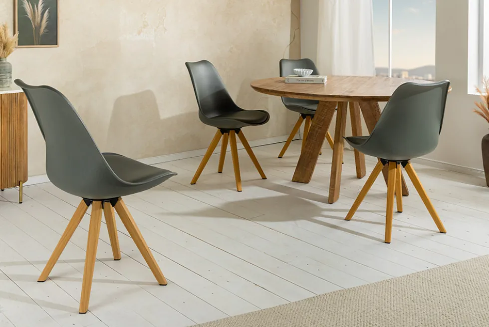 2er Set Design Stuhl SCANDINAVIA MEISTERSTÜCK grau Kunstleder natur Metall Eichen-Optik