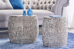 2er Set filigraner Design Couchtisch ABSTRACT LEAF antik silber Handarbeit rund