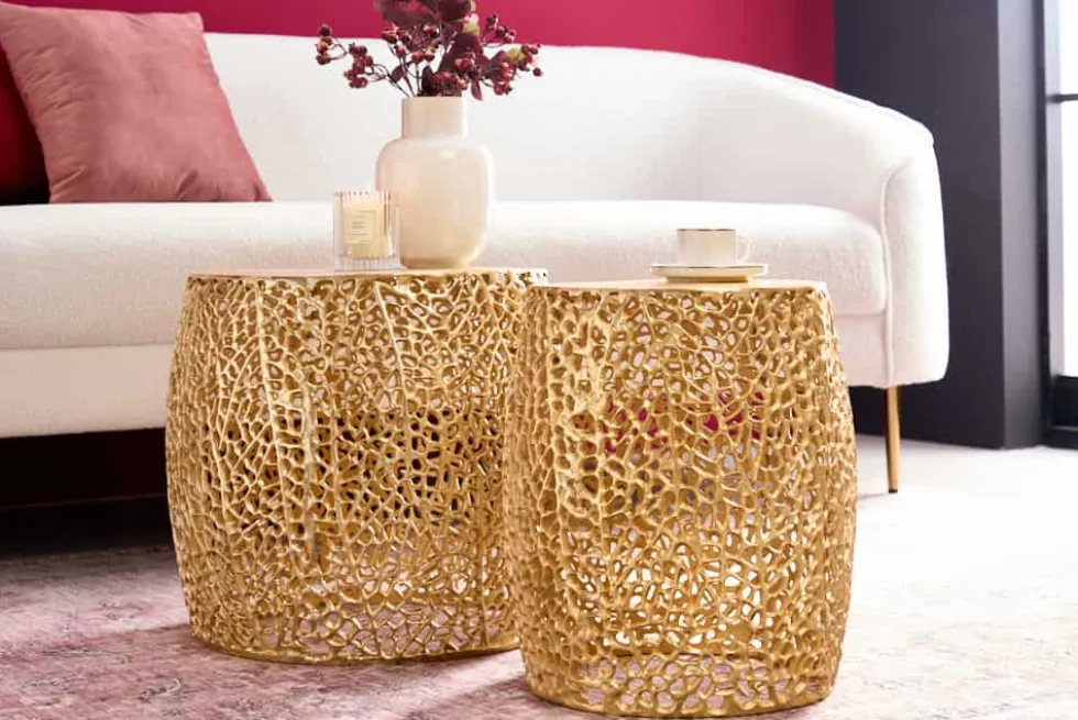 2er Set Filigraner Design Couchtisch ABSTRACT LEAF gold Handarbeit Metall rund