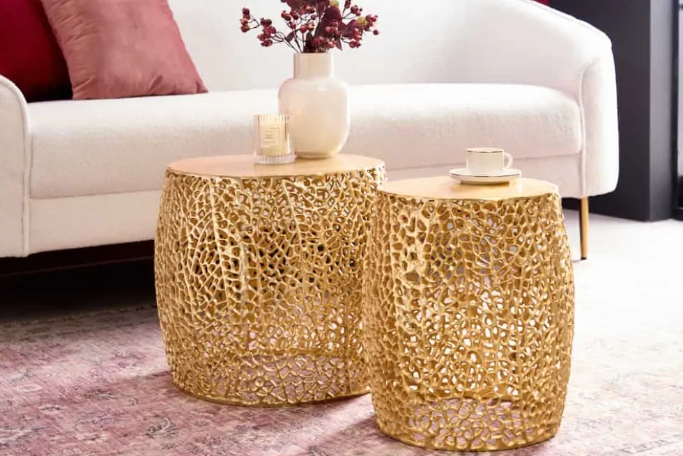 2er Set Filigraner Design Couchtisch ABSTRACT LEAF gold Handarbeit Metall rund