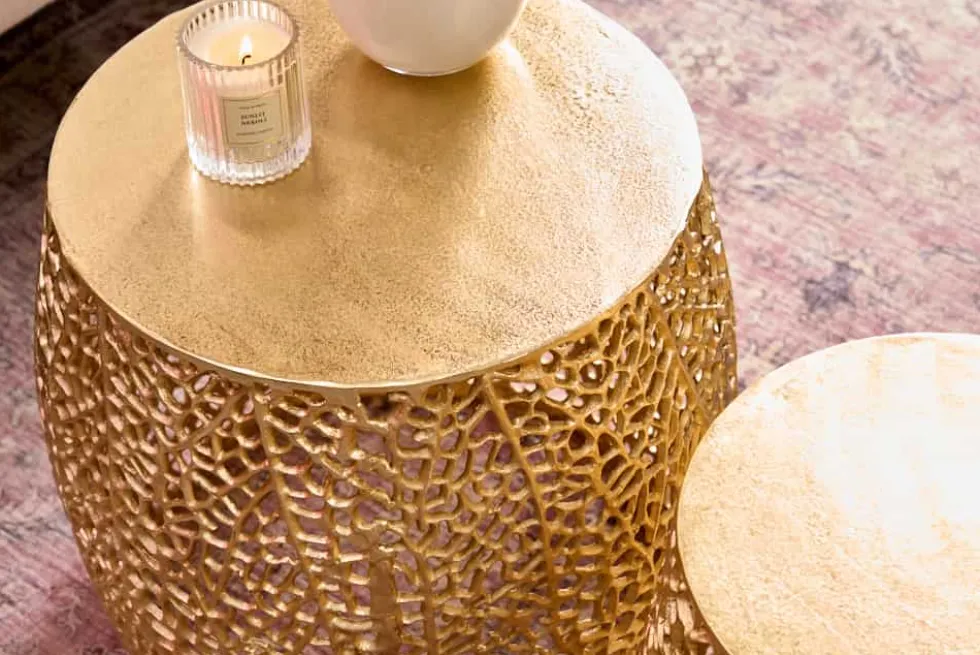 2er Set Filigraner Design Couchtisch ABSTRACT LEAF gold Handarbeit Metall rund