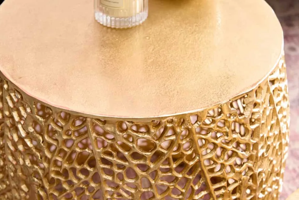 2er Set Filigraner Design Couchtisch ABSTRACT LEAF gold Handarbeit Metall rund