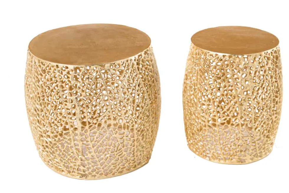 2er Set Filigraner Design Couchtisch ABSTRACT LEAF gold Handarbeit Metall rund
