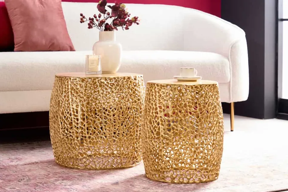 2er Set Filigraner Design Couchtisch ABSTRACT LEAF gold Handarbeit Metall rund