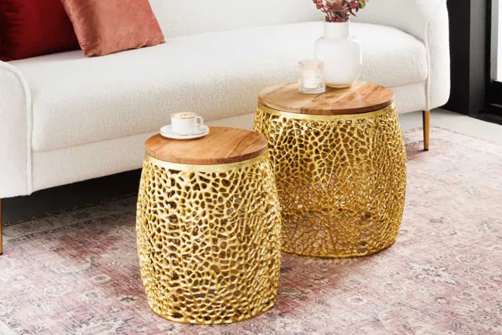 2er Set Filigraner Design Couchtisch ABSTRACT LEAF gold Akazienholz Handarbeit Metall rund