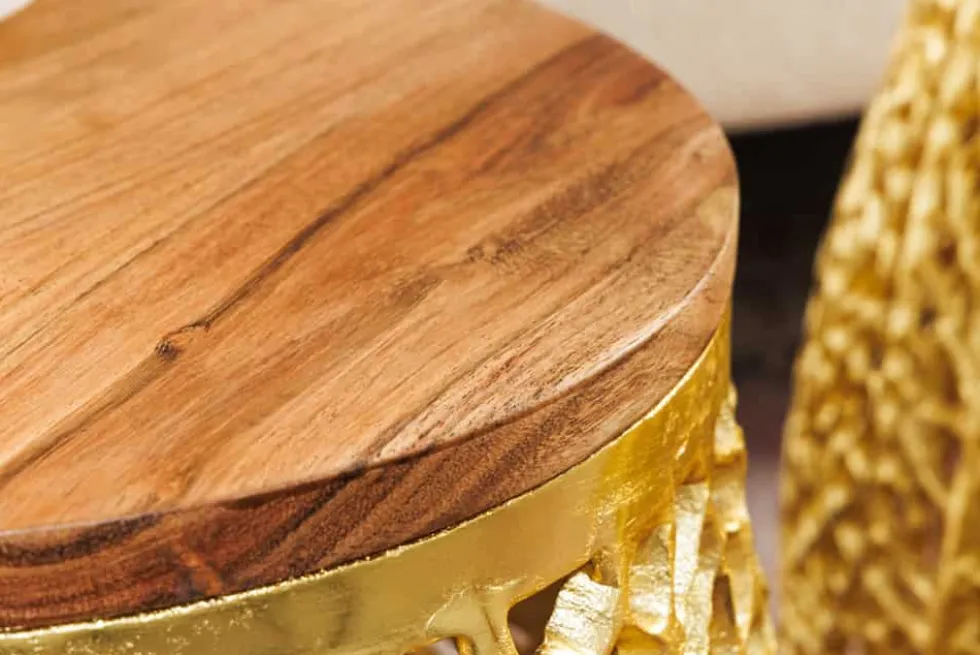 2er Set Filigraner Design Couchtisch ABSTRACT LEAF gold Akazienholz Handarbeit Metall rund