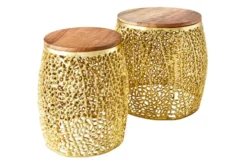 2er Set Filigraner Design Couchtisch ABSTRACT LEAF gold Akazienholz Handarbeit Metall rund