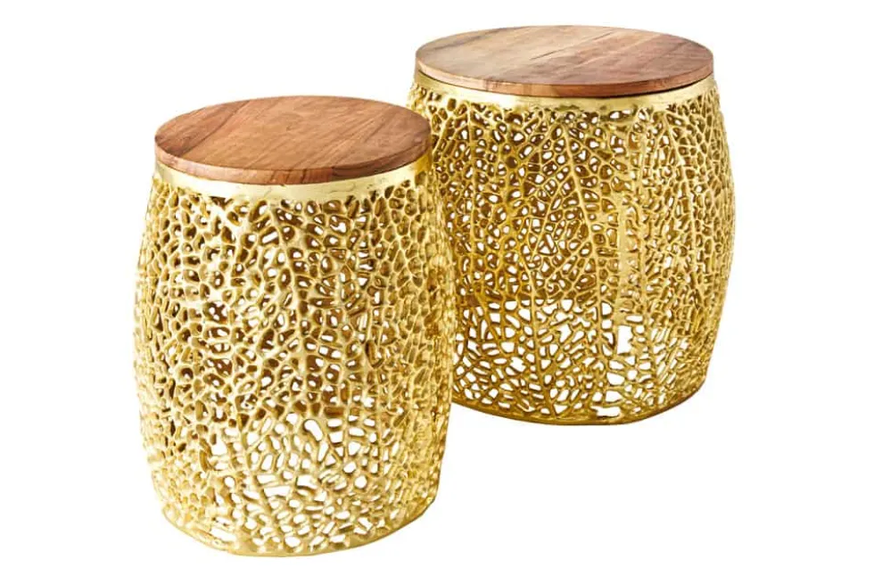 2er Set Filigraner Design Couchtisch ABSTRACT LEAF gold Akazienholz Handarbeit Metall rund
