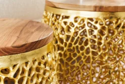 2er Set Filigraner Design Couchtisch ABSTRACT LEAF gold Akazienholz Handarbeit Metall rund