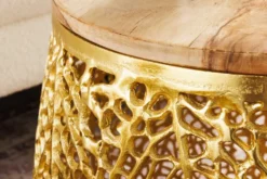2er Set Filigraner Design Couchtisch ABSTRACT LEAF gold Akazienholz Handarbeit Metall rund