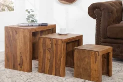 3er Set Massivholz Beistelltische MAKASSAR 45cm braun Sheesham stone finish Maserung