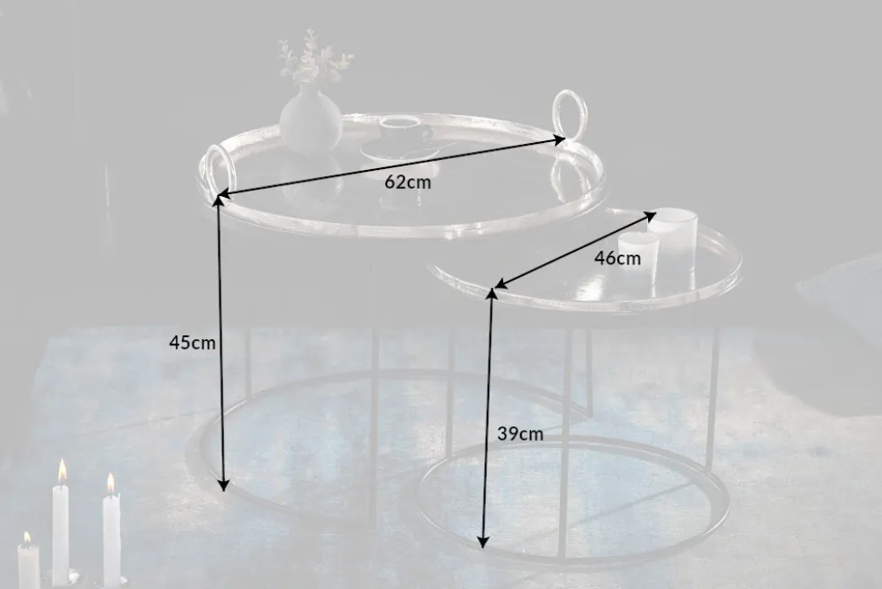 2er Set Runde Couchtische ELEMENTS 65cm silber schwarz Metall Tablett Beistelltisch