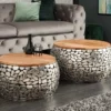 2er Set Runde Couchtische STONE MOSAIC 65cm silber Mangoholz Metall handmade Mosaik Design