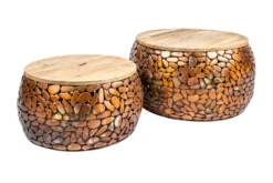 2er Set Runde Couchtische STONE MOSAIC 65cm kupfer Mangoholz Metall Mosaik Design handmade