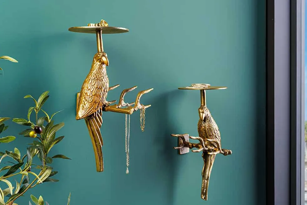 2er Set Wandgarderobe WILDLIFE BIRDS 45cm gold Metall Hammerschlag Design handmade
